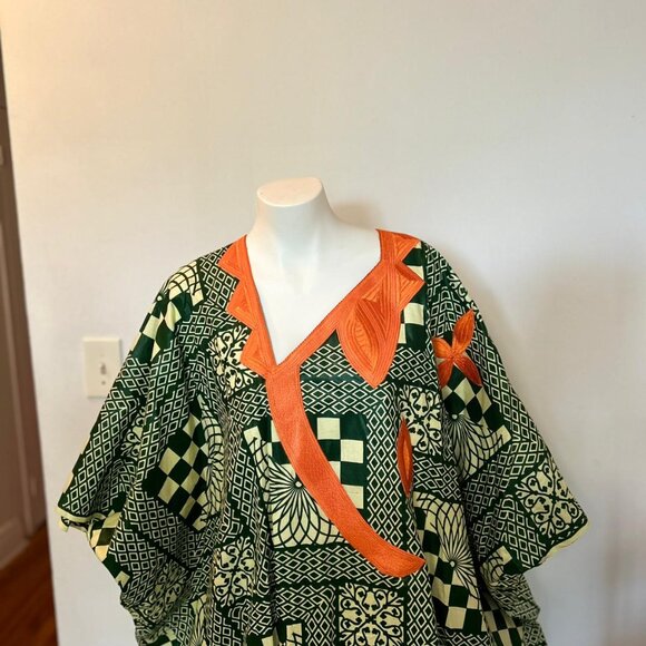 Caftan imprimé géométrique vert orange - Style bohème vintage - Picture 3 of 3